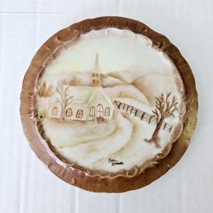 Vintage tea tile hand painted signed round fluted ceramic brown tan 1950s (?)